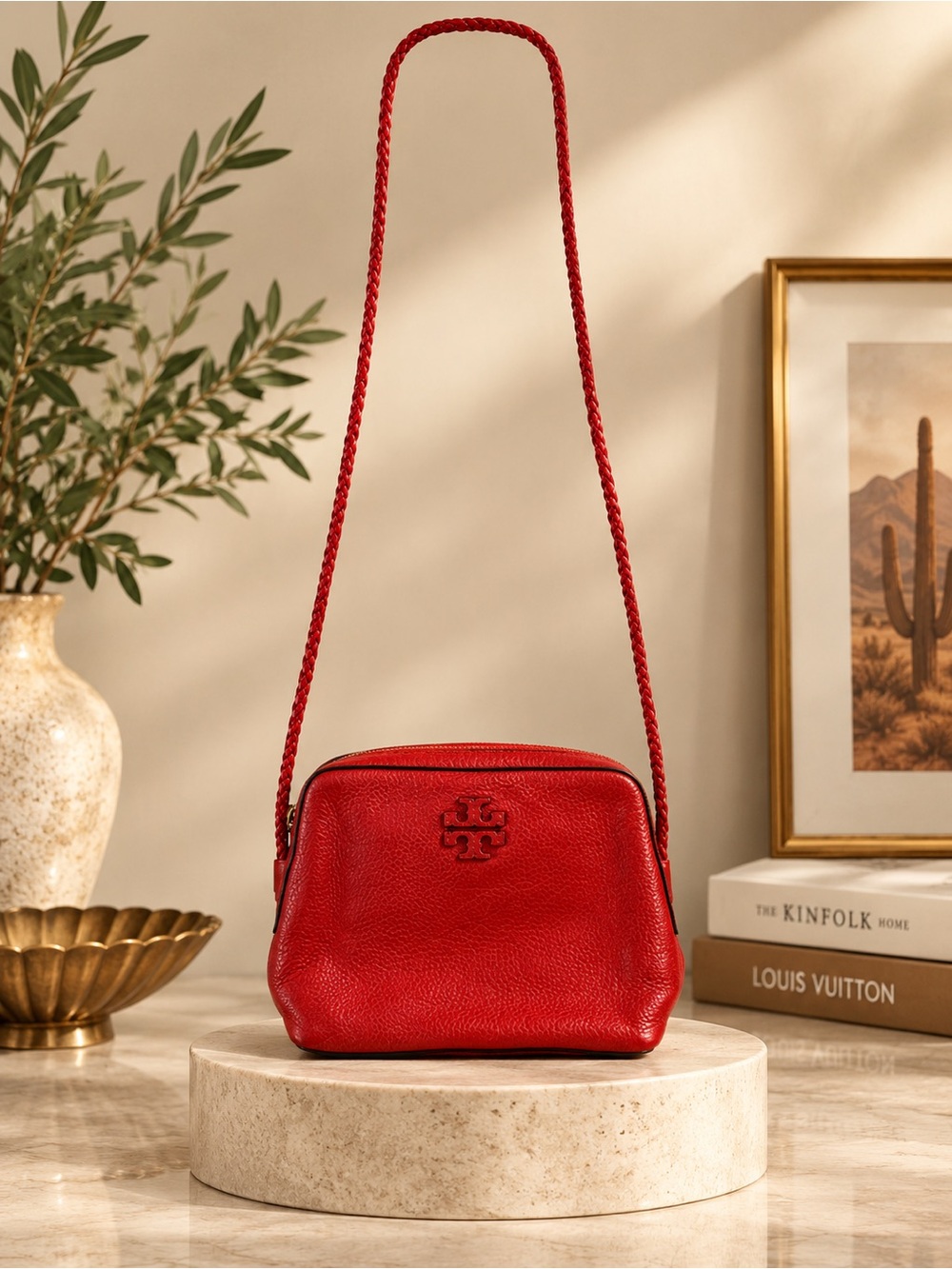 Tory Burch Red Pebbled Leather Braided-Strap Crossbody